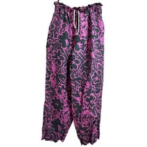 Back Beat Co. Size Medium Pink & Black Print Drawstring Pants - 100% Linen